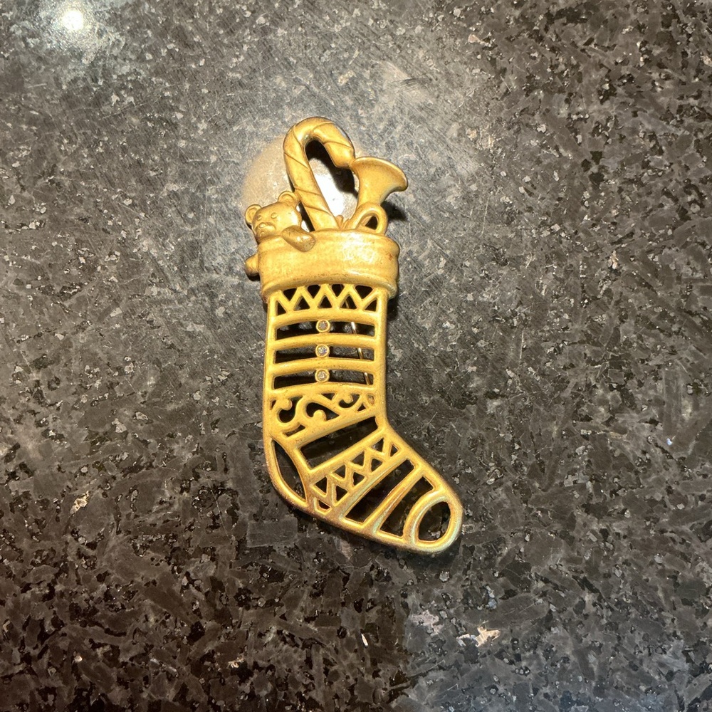 Vintage JJ Jonette Large Gold Tone Christmas Stocking Brooch